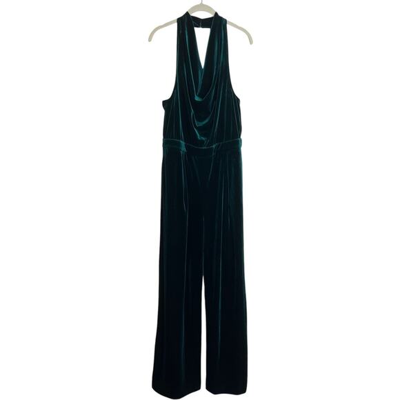 Skies Are Blue Velvet Jumpsuit M Hunter Green Halter Cowl Neck Wide Leg Stretch - Picture 1 of 9